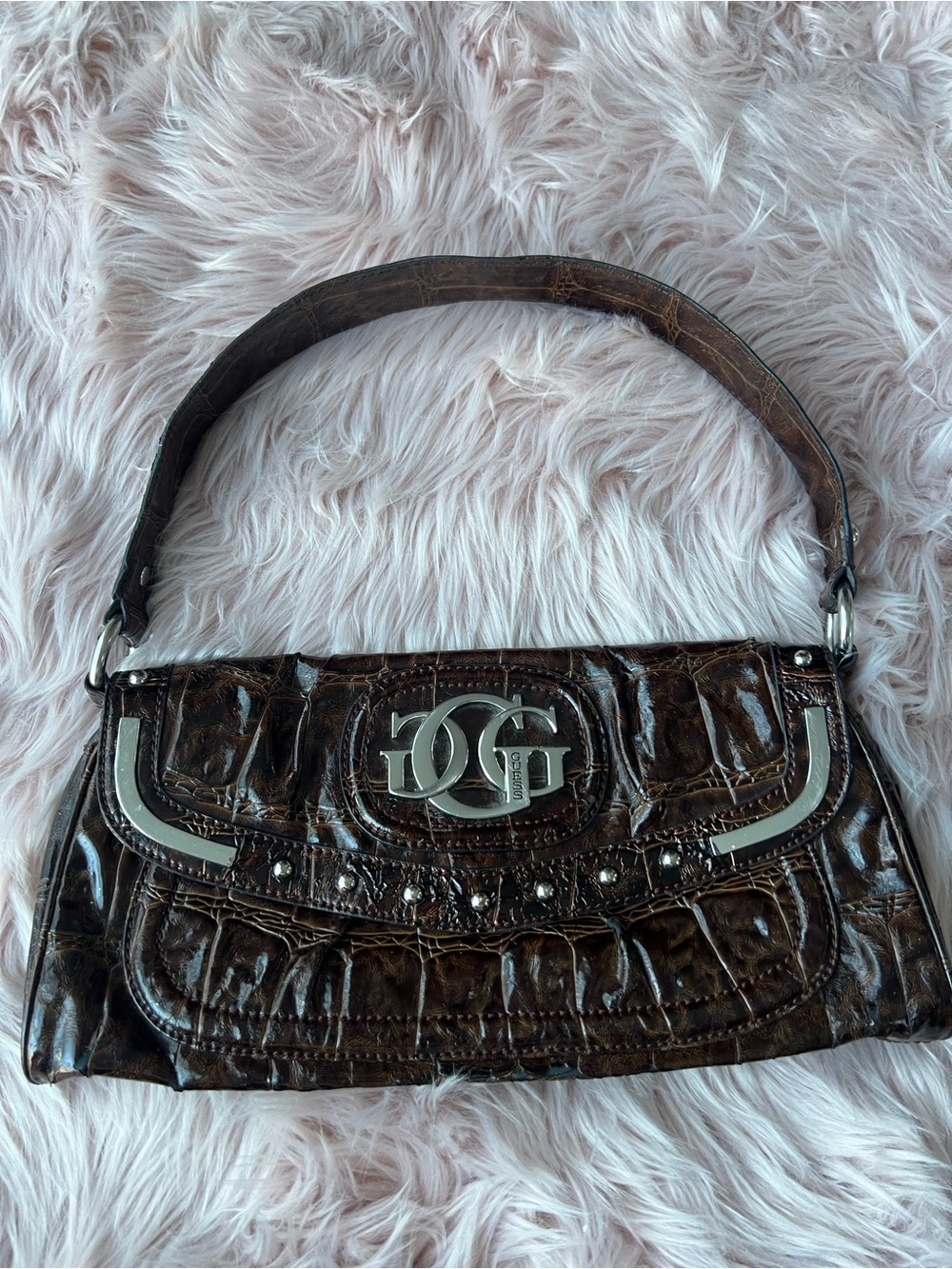 y2k Guess Brown Croc-Embossed Shoulder Bag with Silver Hardware